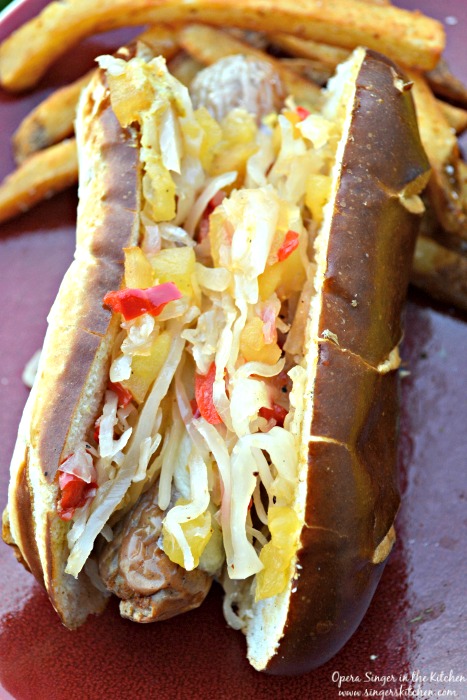 Grilled Brats Hot Dogs on Pretzilla Buns with Sauerkraut Apple Relish