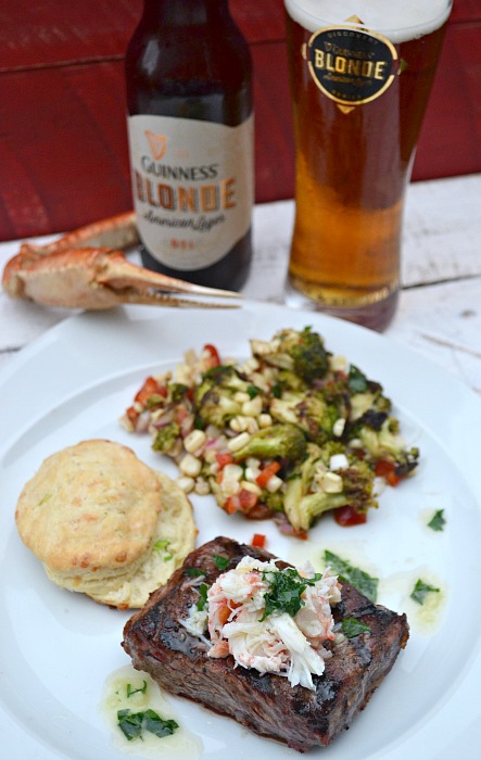 Grilled Ribeye Steaks with Lump Crab, Grilled Corn & Broccoli Salad with Cheddar & Chive Biscuits