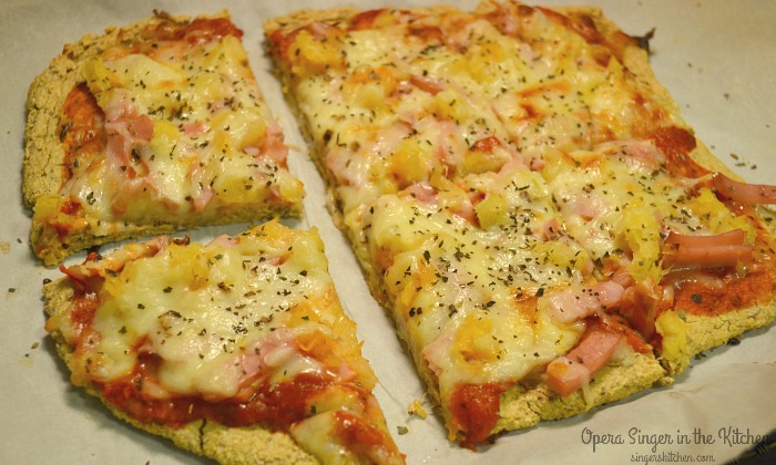 Hawaiian Pizza with Oat Crust out of oven