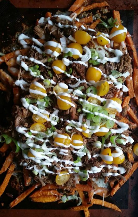 Loaded Pulled Pork Sweet Potato Fries