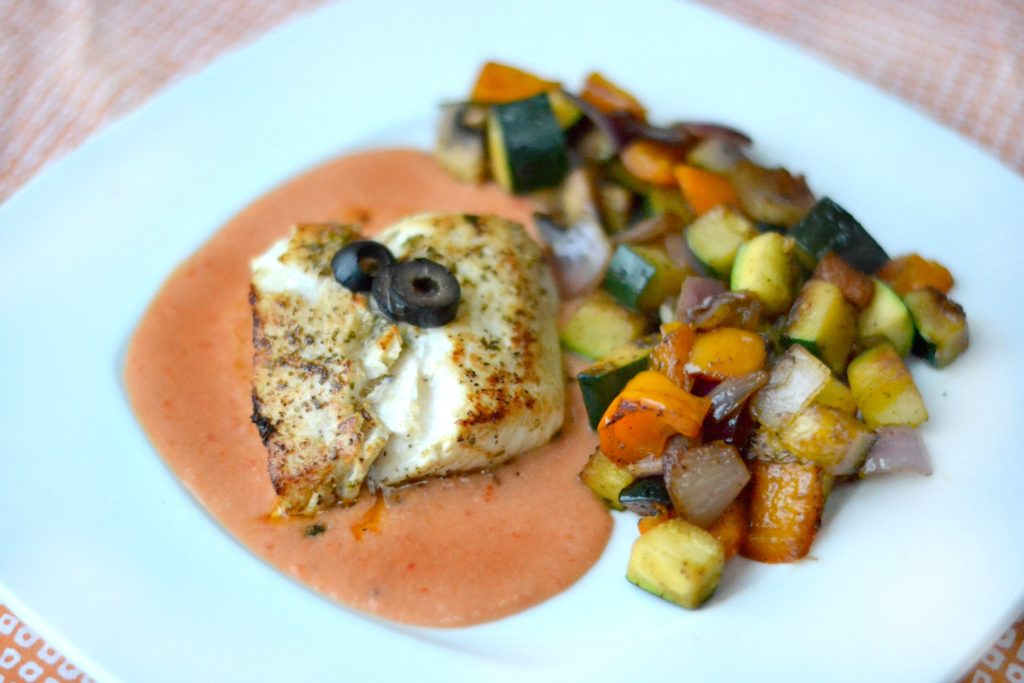 Citrus Herb Alaska Halibut with Red Pepper Hummus - closeup