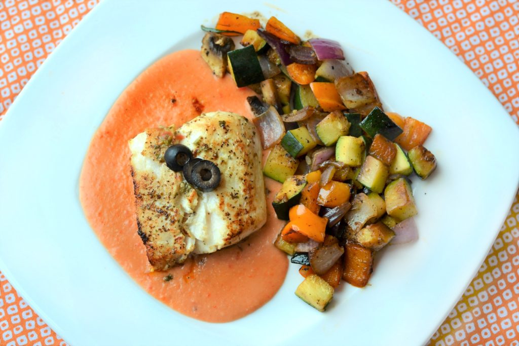 Citrus Herb Alaska Halibut with Red Pepper Hummus - flatlay