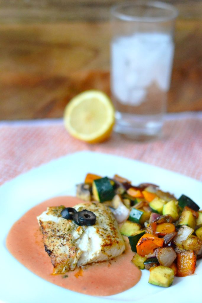 Citrus Herb Alaska Halibut with Red Pepper Hummus -hero