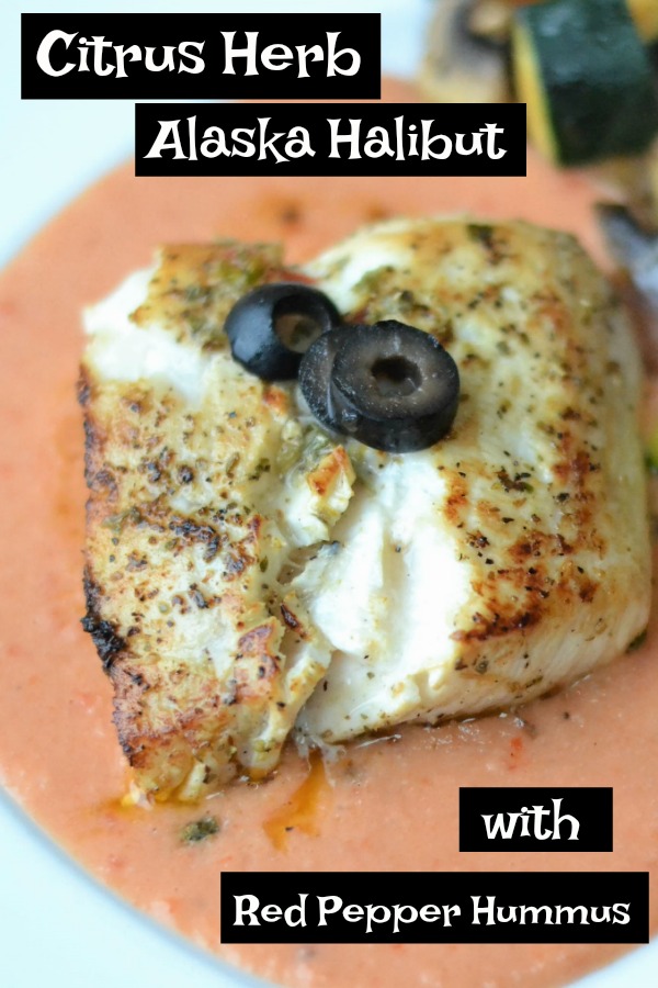 Citrus Herb Alaska Halibut with Red Pepper Hummus - top