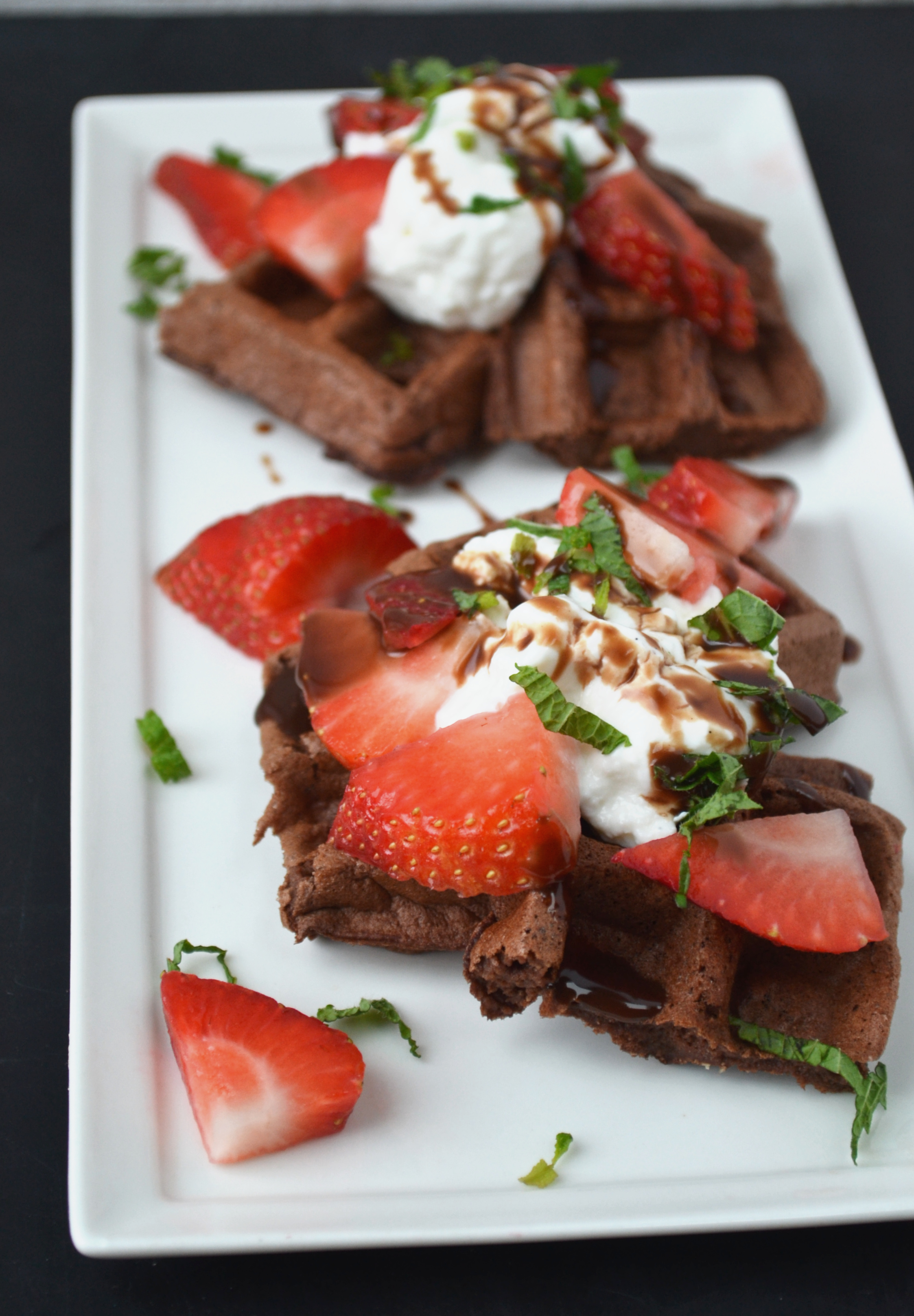 Chocolate CBD and Strawberry Dessert Waffles - closeup