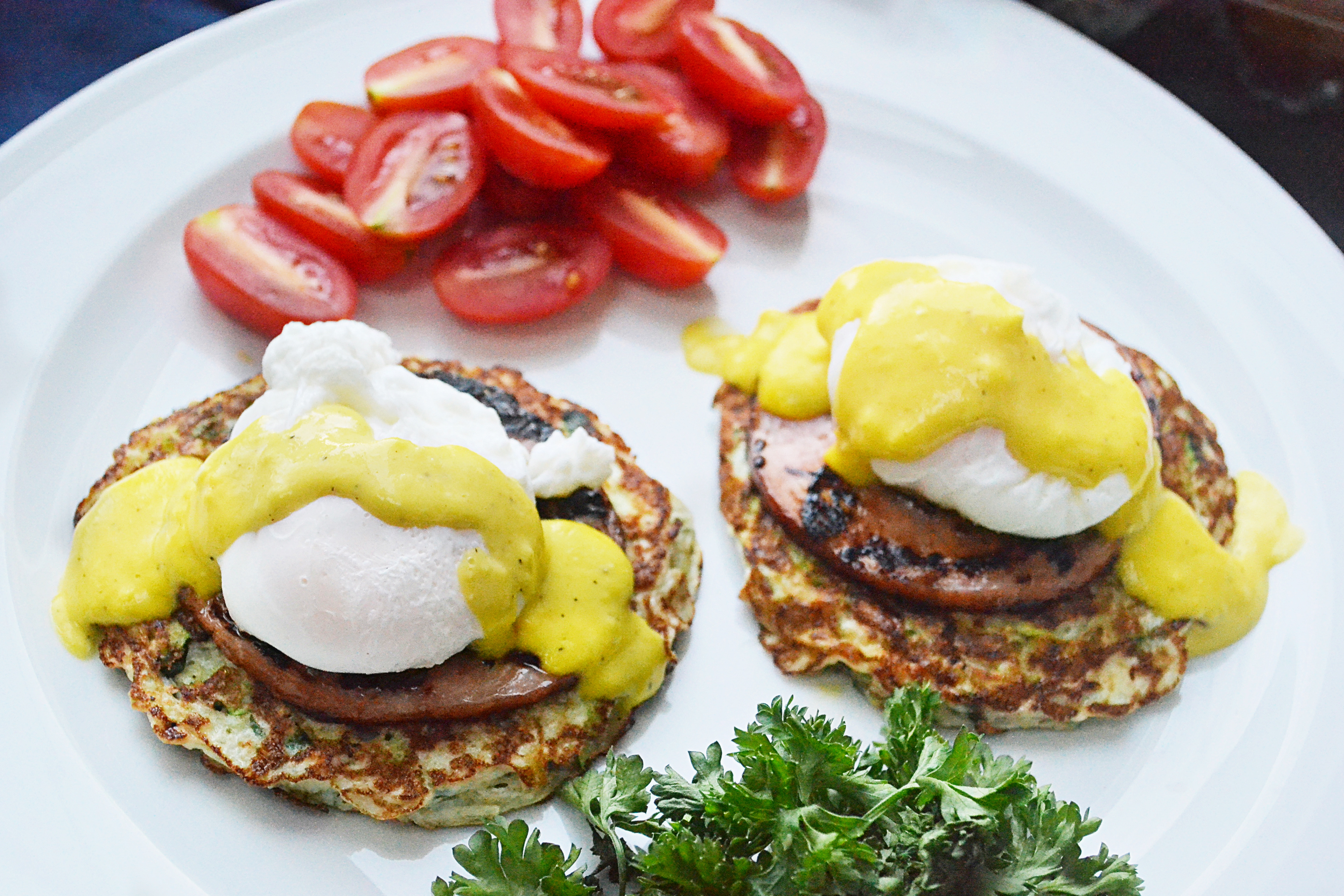 Low Carb Eggs Benedict with Quick Hollandaise - full plate