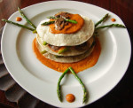 Corn Tortilla and Veggie Stacks with Red Pepper Coulis